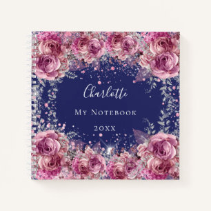 Carnet Marine bleu rose floral nom parties scintillant él