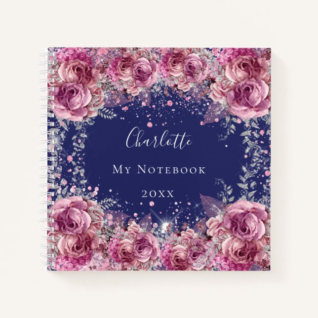 Carnet Marine bleu rose floral nom parties scintillant él (Devant)