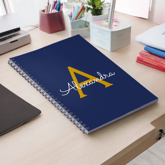 Carnet Marine Blue Gold Modern Script Girl Monogramme Nom (Créateur téléchargé)
