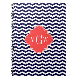 Carnet Marine Chevron Coral Red Quatrefoil 3 Monogramme T
