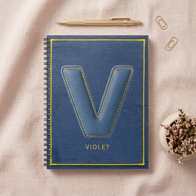 Carnet Marine Denim Jaune Couture Fausse Cuir V Initiale (Créateur téléchargé)