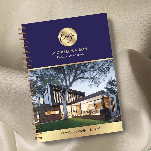 Carnet Marine & Gold Logo Élégant Courtier immobilier Pho (Navy and gold modern business notebook with space for your custom photo and logo)