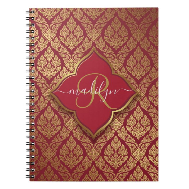 Carnet Maroon Rouge or fleur Damask Motif Monogramme (Devant)