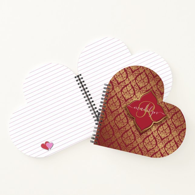 Carnet Maroon Rouge or fleur Damask Motif Monogramme (Intérieur)