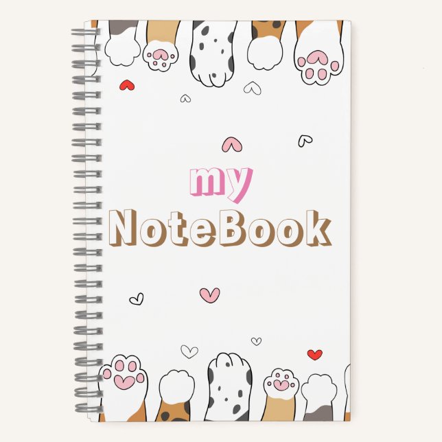 Carnet Marron Gris Blanc Pattes de Chats Mignons 14 x 21, (Recto)