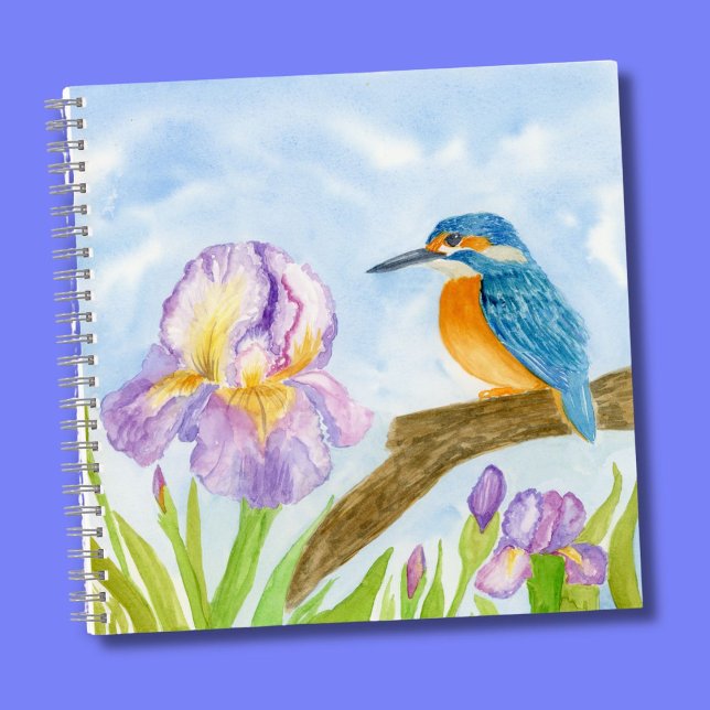 Carnet Martin-pêcheur à l'aquarelle avec iris violets  (Créateur téléchargé)