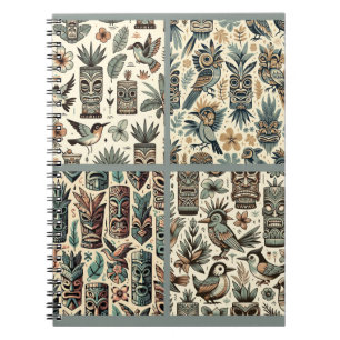Carnet Masques Tiki Tropicaux Vintage et Oiseaux Gris Ver