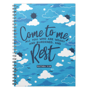 Carnet Matthew 11 Bible Verse and Blue Cloud Sky Pattern