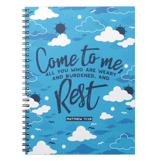 Carnet Matthieu 11 Bible Verse et Blue Cloud Sky Motif (Devant)