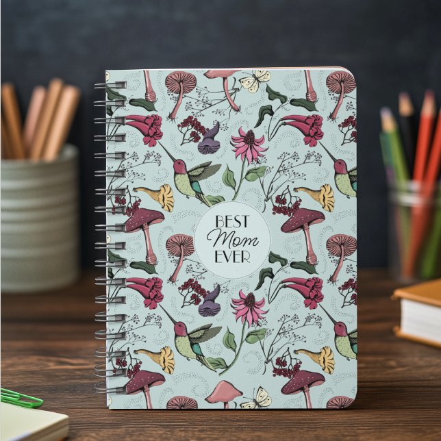 Carnet Meilleure Maman Jamais Hummingbird Colibri Fleurs  (Elegant Pattern Drawing: Cute Hummingbirds, Wildflowers,  Flowers, Mushrooms. Soft Mint Background)