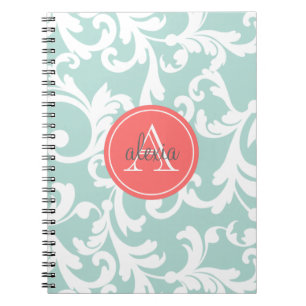 Carnet Menthe et copie décorée d'un monogramme de corai