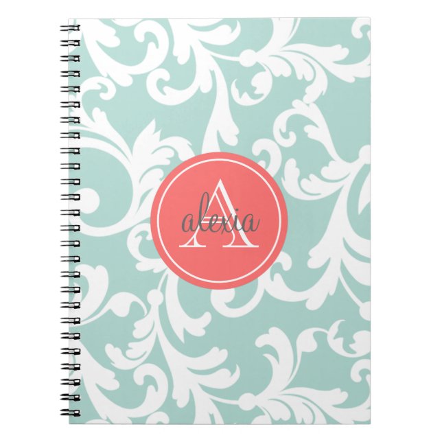 Carnet Menthe et copie décorée d'un monogramme de corail (Devant)