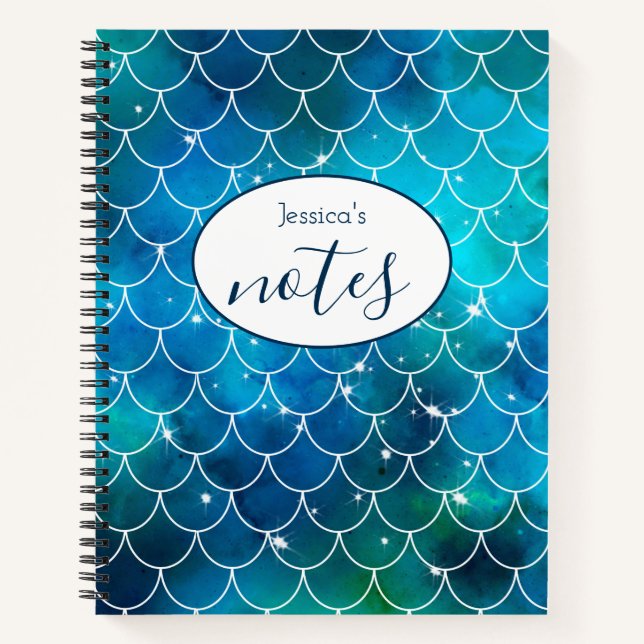 Carnet Mermaid Blue Scales Nom personnalisé (Devant)