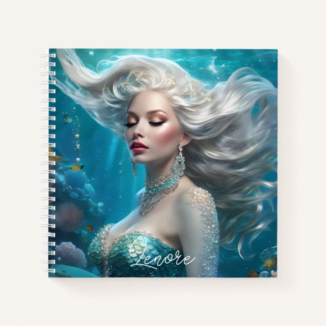 Carnet Mermaid cheveux en argent Turquoise Océan (Devant)