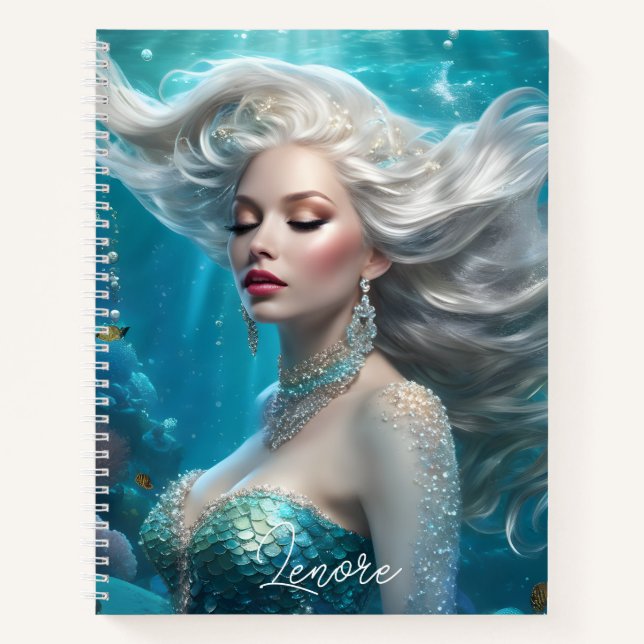 Carnet Mermaid cheveux en argent Turquoise Océan (Devant)