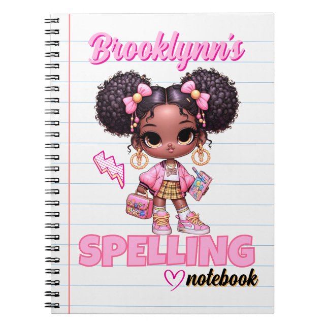 Carnet Mignon afro en boule rose et jaune, style écolière (Devant)