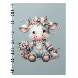 Carnet Mignon bébé vache pastel en salopette avec des fle