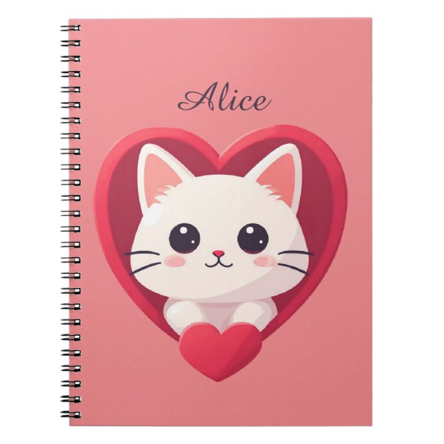 Carnet Mignon Chat Blanc avec Design de Kawaii Kitty Love (Devant)
