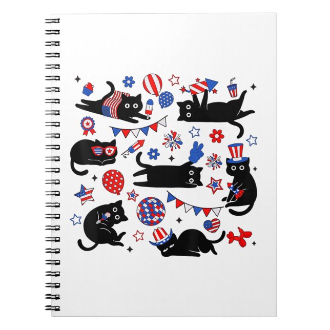 Carnet Mignon Chat Noir Drapeau USA Feu d'Artifice Patrio (Devant)