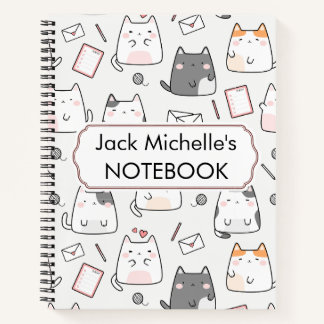 Carnet Mignon motif de chat Kawaii en blanc, rose et gris