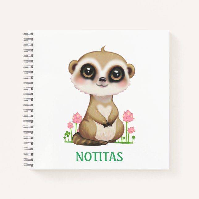 Carnet Mignon suricate et fleurs sur fond blanc (Devant)