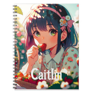 Carnet Mignonne Anime Girl Mange des fraises   Jour d'été