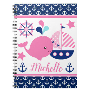 Carnet Mignonne baleine rose marine et Motif Ancres