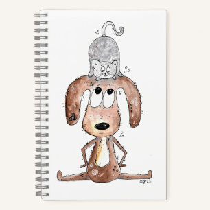 Carnet Mignonne chien Whimsical avec chat sur sa tête
