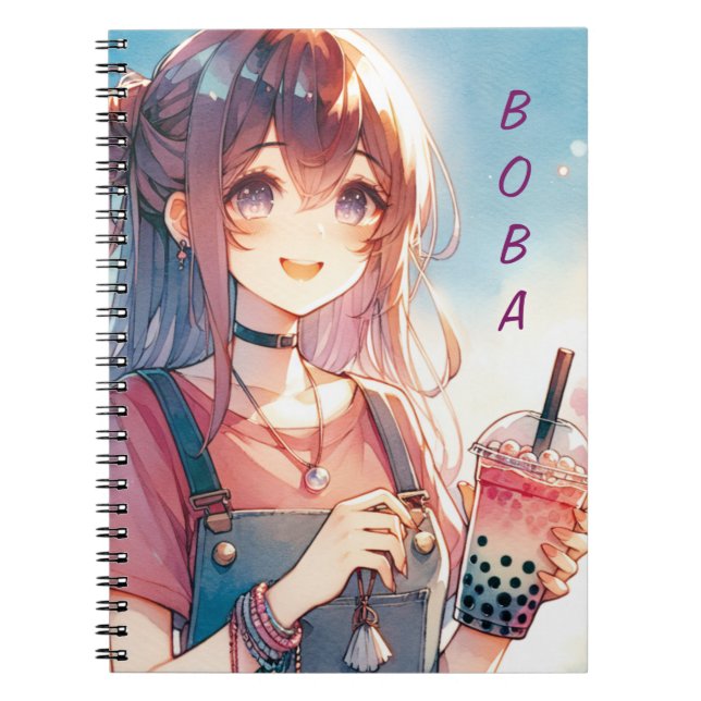 Carnet Mignonne fille Anime tenant un Boba Tea (Devant)