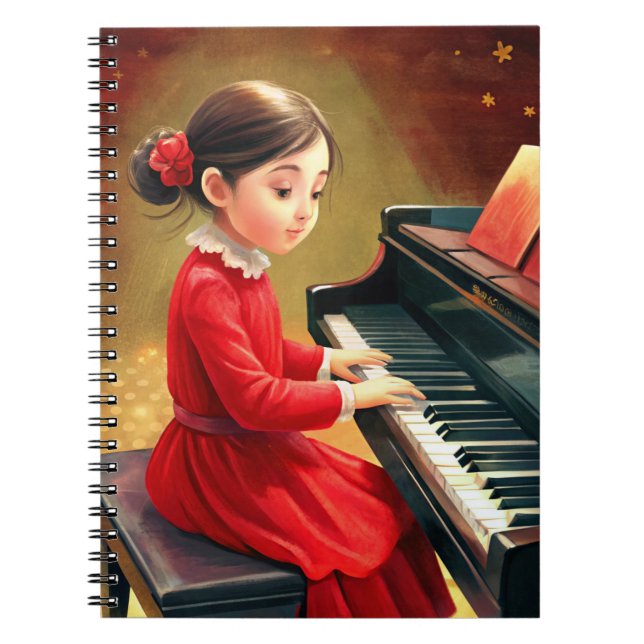 Carnet Mignonne fille en robe rouge jouant du piano (Devant)