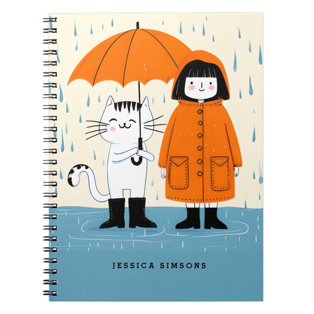 Carnet Mignonne fille et chat dans la pluie - Whimsical (Devant)