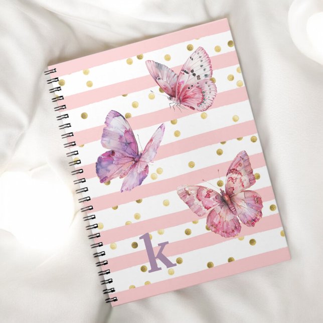 Carnet Mignonne Girl's Pink Stripes Dots et Papillons (Personalize with your monogram initial.)