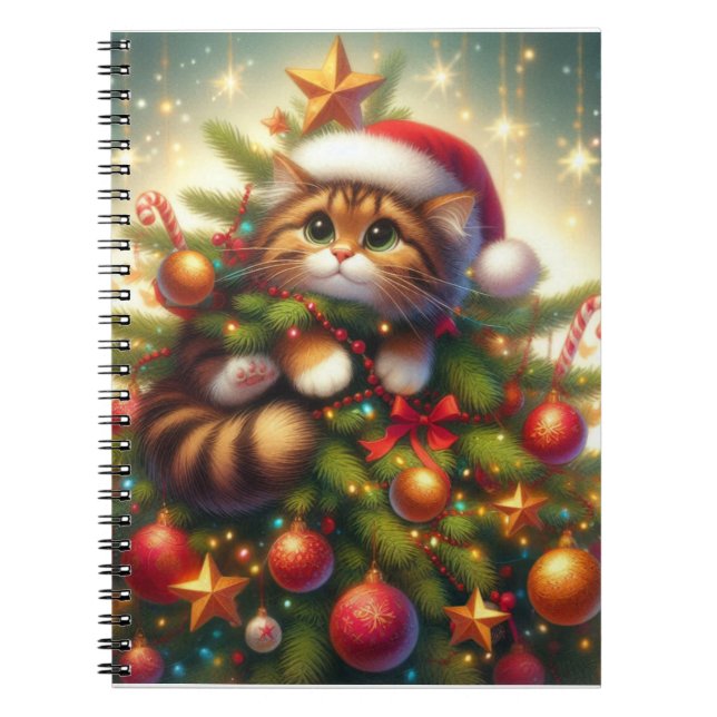 Carnet Mignonne, malicieuse chatte dans le sapin de Noël (Devant)