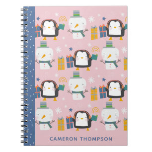Carnet Mignons Manchots d'Hiver Bonhomme de Neige Rose Pe