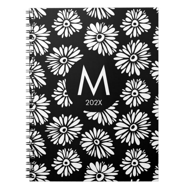 Carnet Minimalist Groovy Black and White Daisy Monogram (Devant)