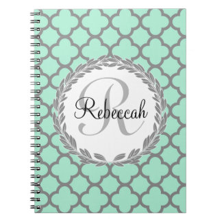 Carnet Mint Green Grey Quatrefol Nom Monogramme