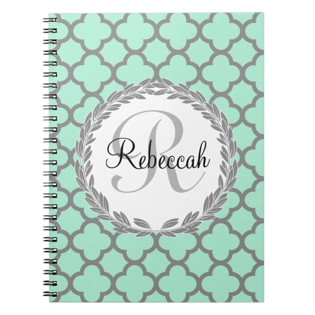Carnet Mint Green Grey Quatrefol Nom Monogramme (Devant)