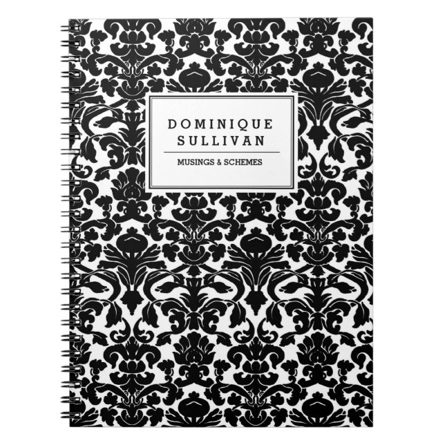 Carnet Modèle de Damas Floral noir et blanc Personnalisé (Devant)