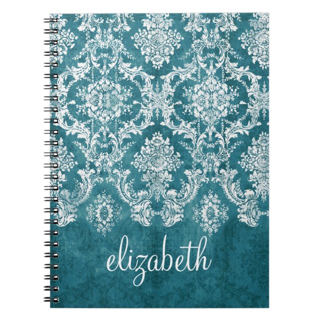 Carnet Modèle de Damas gris turquoise Texte personnalisé (Devant)