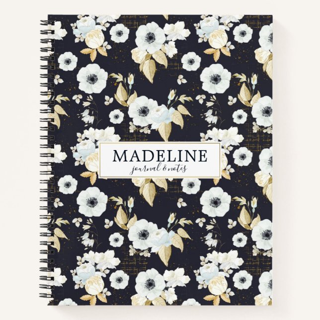 Carnet Modèle floral bleu & blanc élégant personnalisé (Devant)