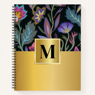 Carnet Modèle floral noir initial féminin Or élégant