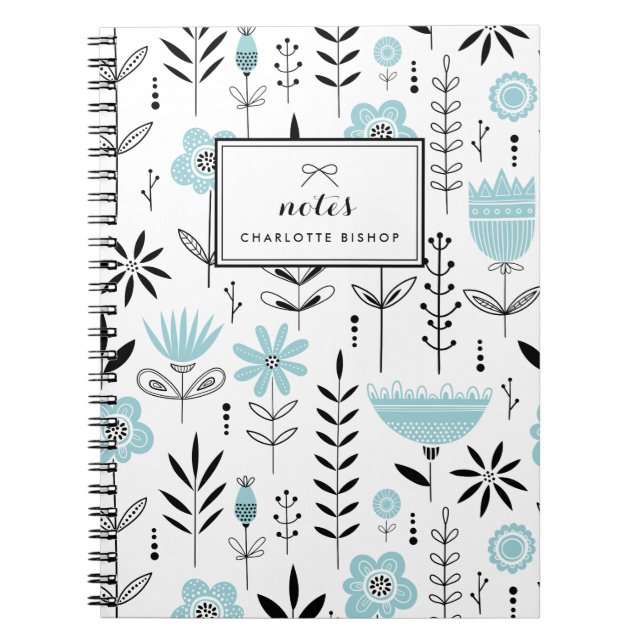 Carnet Modèle floral scandinave noir et bleu (Devant)