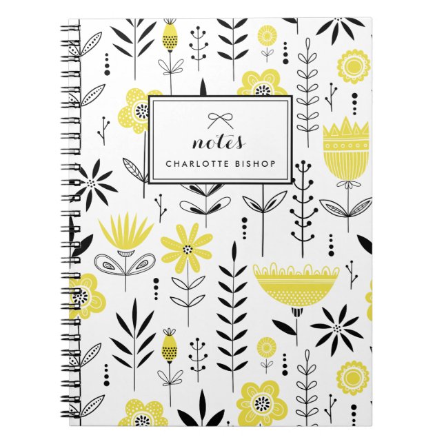 Carnet Modèle floral scandinave noir et jaune (Devant)