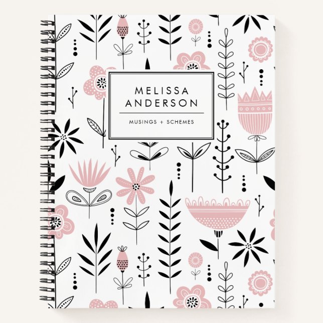 Carnet Modèle floral scandinave noir et rose (Devant)