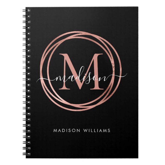Carnet Modern Black Rose Gold Blush Pink Monogram Circle (Devant)