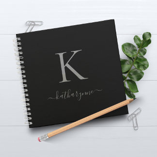 Carnet Modern Black Silver Monogram Script Name