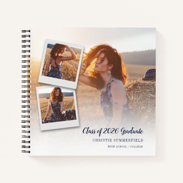 Carnet Modern Elegant Navy Script Photo Graduation Guest (Devant)