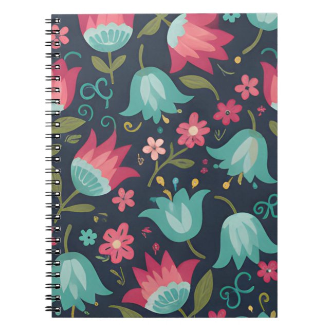Carnet Modern Folk Art Floral - Teal & Coral Bell Flowers (Devant)