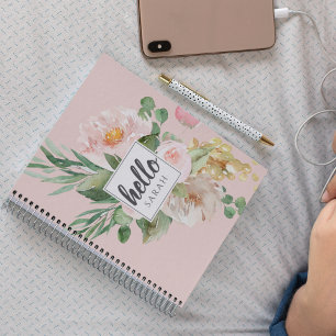 Carnet Modern Watercolor Pink Flowers & Hello & Nom