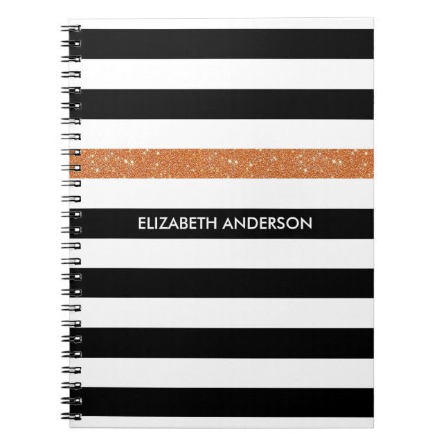 Carnet Moderne Black Stripes FAUX Orange Glitz et nom (Devant)